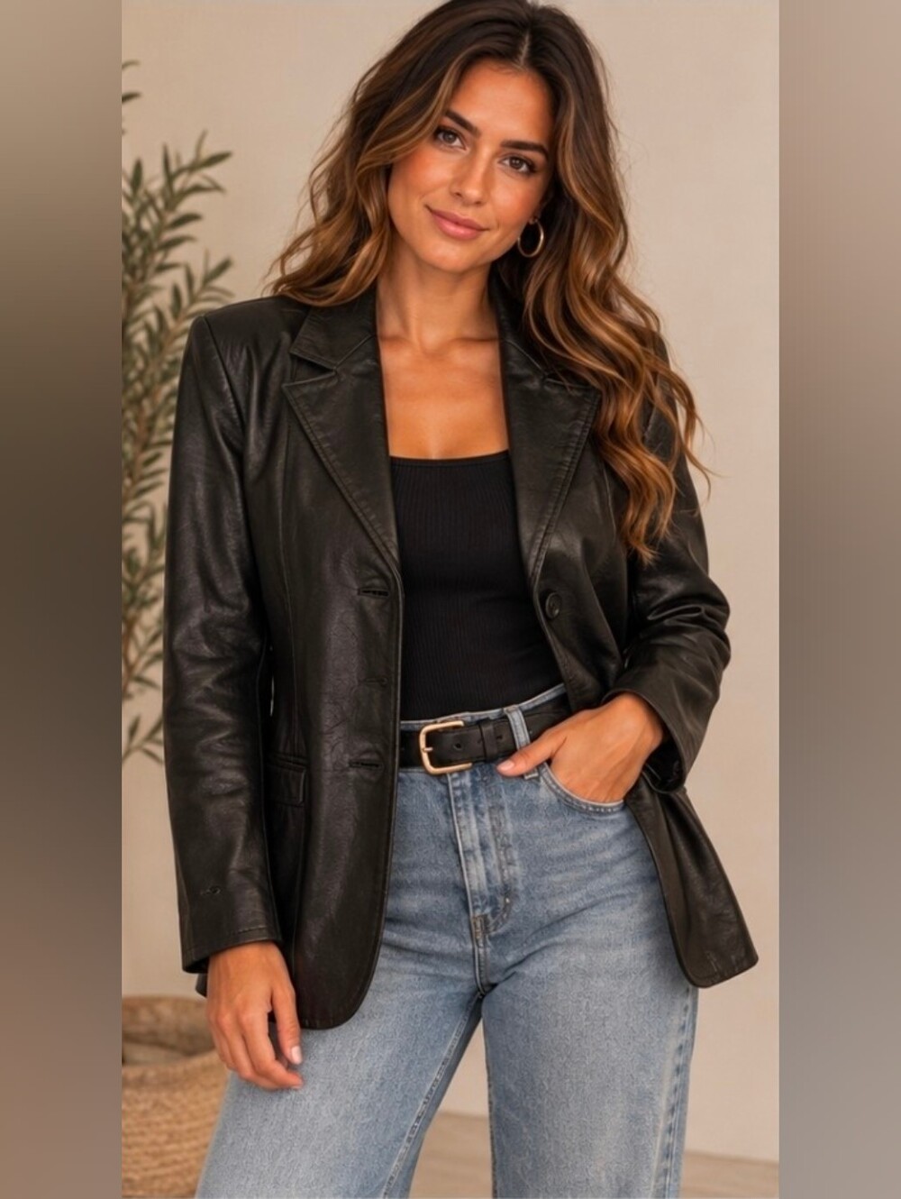 CLIO Leather Vintage Black Genuine Leather Blazer Jacket Size L Classic 90s